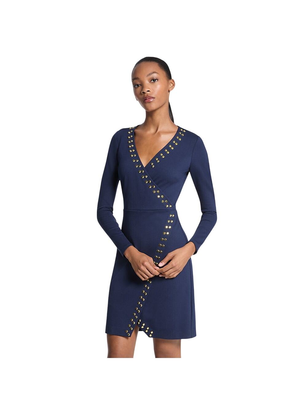 Michael Kors Women Midnight Blue Stretch Knit Astor Stud Wrap Mini Dress Size S